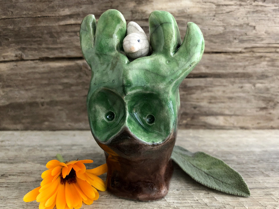 Tree spirit and his bird friend raku sculpture | Shinto Shamanism pagan statue shrine | rewilding, guardian, protection, folklore, forest