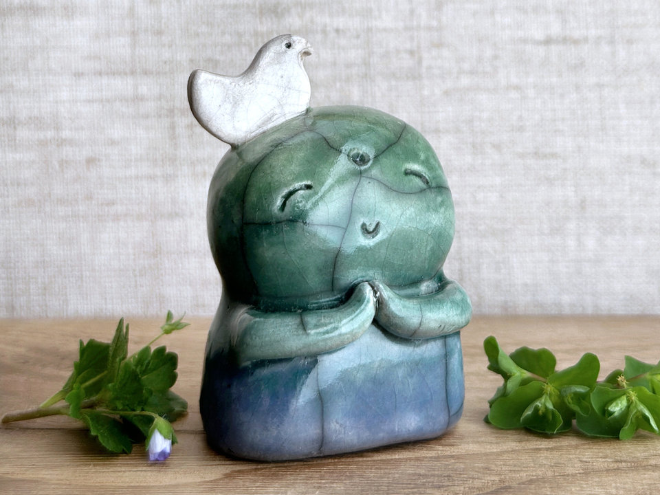 Happy peace Jizo with bird friend sculpture | raku shamanism totem, Shinto shrine