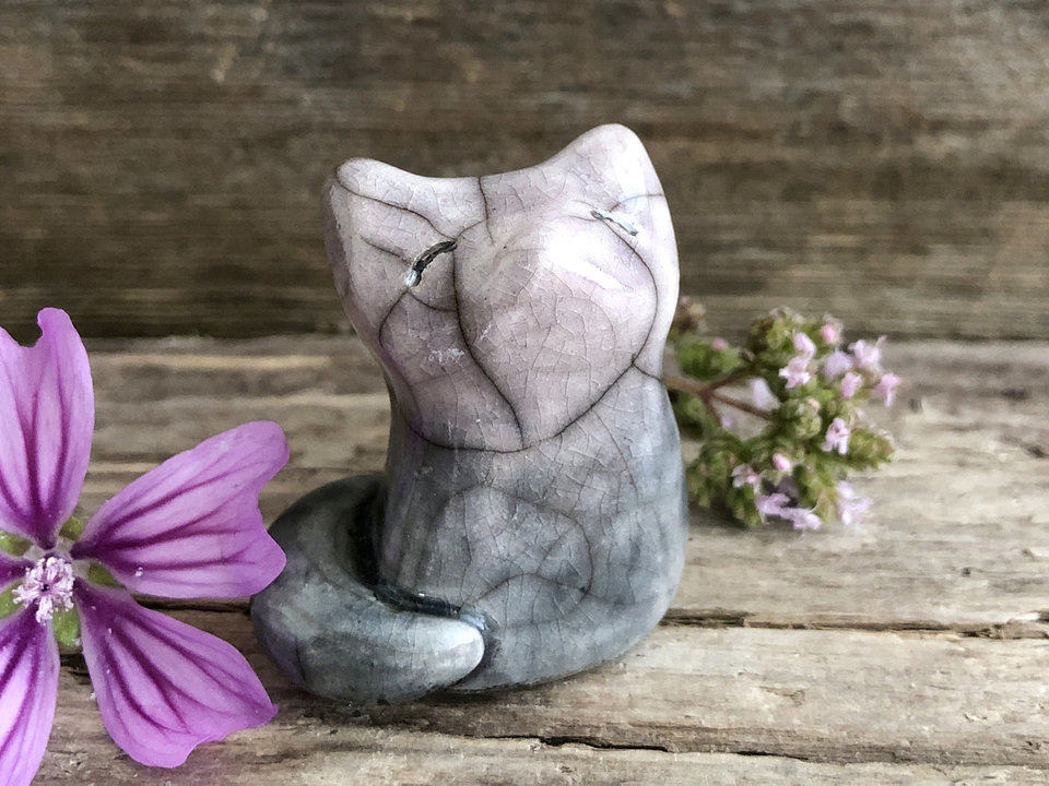 Gentle star & moon kitsune fox kami nature spirit raku statue | Shinto kamidana shrine sculpture Inari | shamanism, protection, guardian