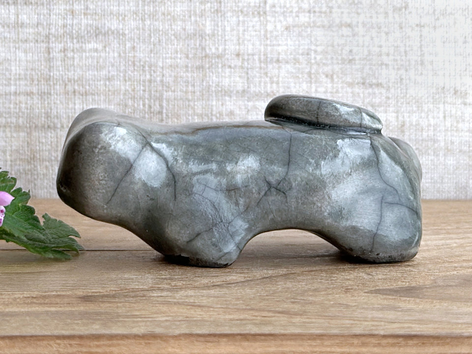 Sleepy grey cat kami guardian spirit raku sculpture | Shinto shamanism statue