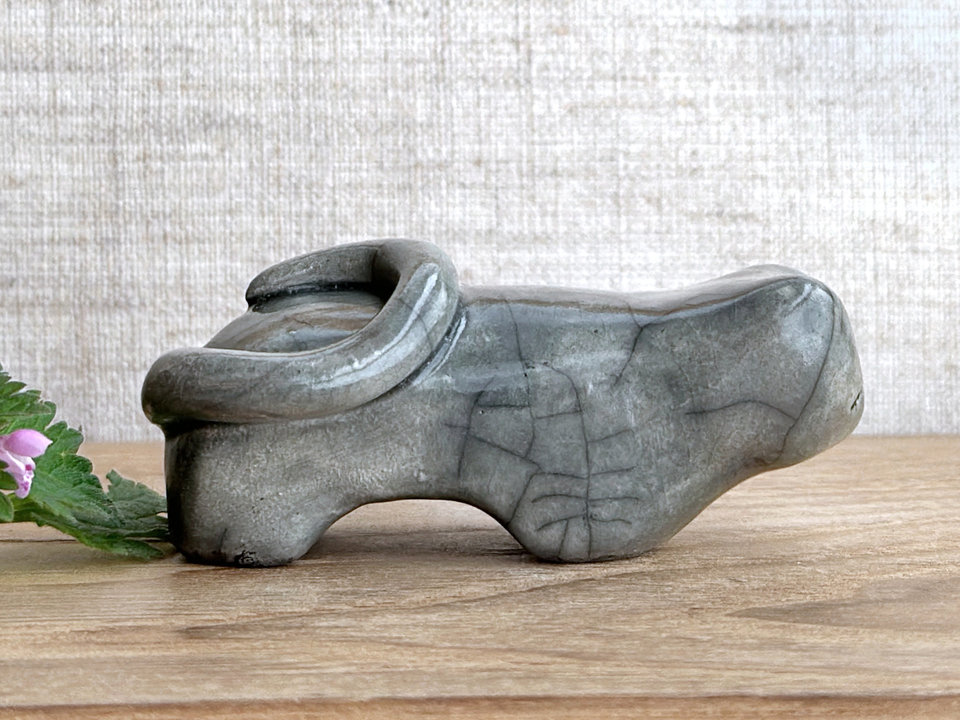 Sleepy grey cat kami guardian spirit raku sculpture | Shinto shamanism statue
