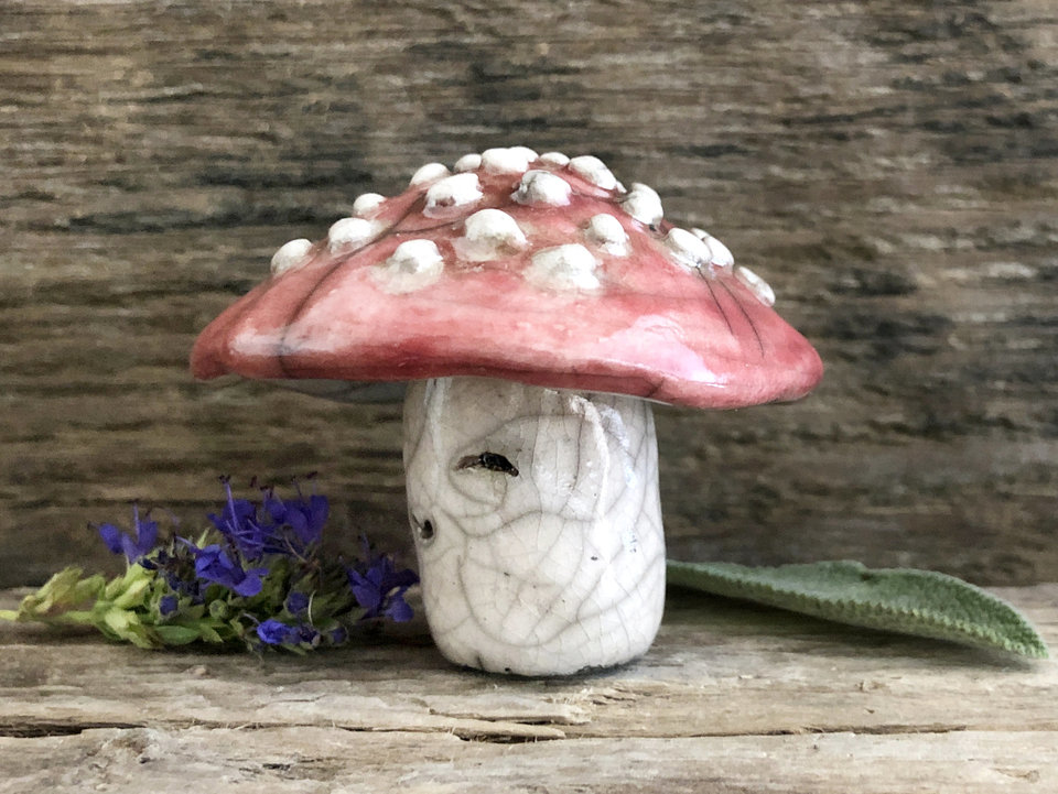 Fly agaric mushroom kami nature spirit | autumn fall goblincore raku sculpture decoration | pagan altar, nature table, Shinto shrine