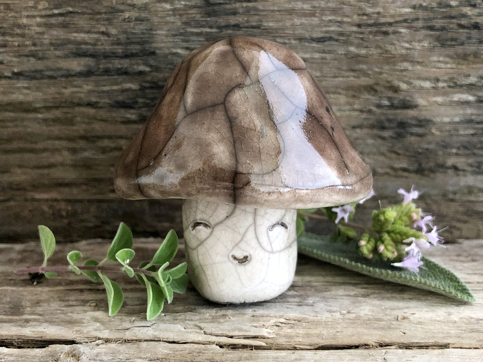 Sweet brown mushroom raku ceramic sculpture with a very smiley face. His stalk is glazed in creamy-white (this is where his face is) and his mushroom cap is brown.