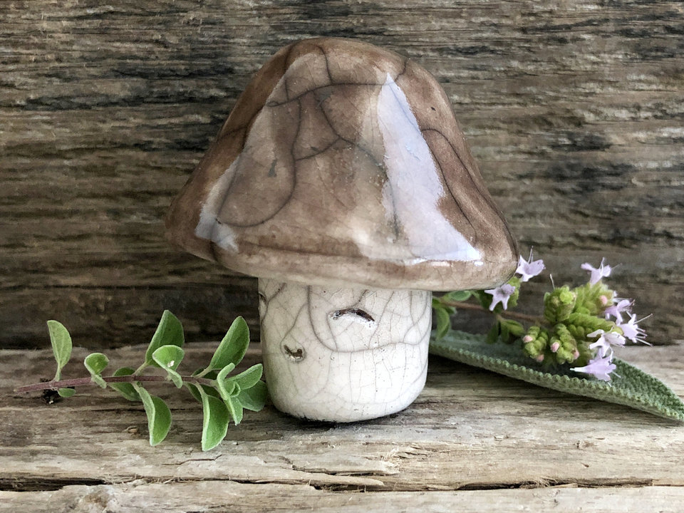 Mushroom kami nature spirit | autumn fall goblincore gnomecore raku sculpture decoration | pagan altar, nature table, Shinto shrine