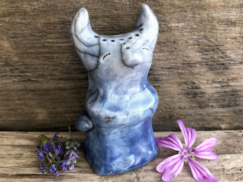 Moon fox kitsune shaman kami spirit raku sculpture | Shinto kamidana shrine statue Inari Okami | shamanism, protection, guardian, rewilding
