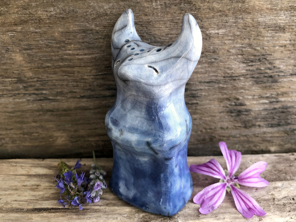 Moon fox kitsune shaman kami spirit raku sculpture | Shinto kamidana shrine statue Inari Okami | shamanism, protection, guardian, rewilding