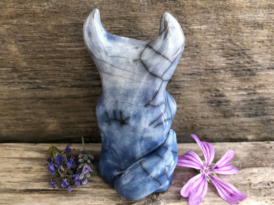 Moon fox kitsune shaman kami spirit raku sculpture | Shinto kamidana shrine statue Inari Okami | shamanism, protection, guardian, rewilding