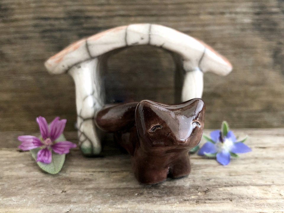 Kitsune fox nature spirit cherry blossom shrine | Shinto Inari, shamanism, pagan raku guardian sculpture | protection, kamidana