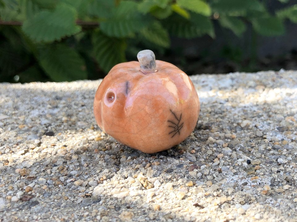 Pumpkin kami spirit raku sculpture for Halloween, Samhain | jack o'lantern decoration altar, Shinto shrine, fall, autumn, goblincore