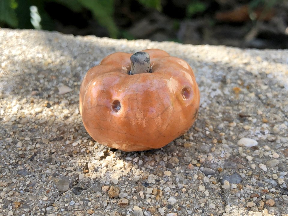 Pumpkin kami spirit statue for Halloween, Samhain | jack o'lantern raku decoration altar, Shinto shrine, fall, autumn, goblincore sculpture