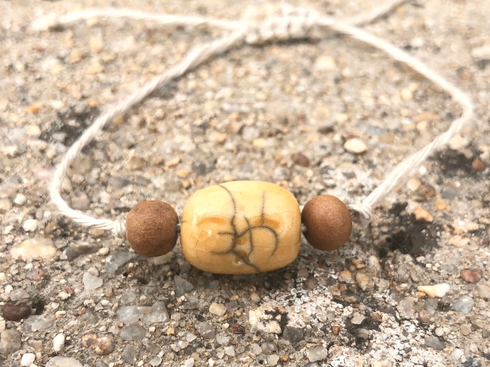 Jizo yellow bead raku talisman bracelet with sandalwood & adjustable eco hemp | Shinto Buddhist jewellery, protection, anxiety, grief, loss