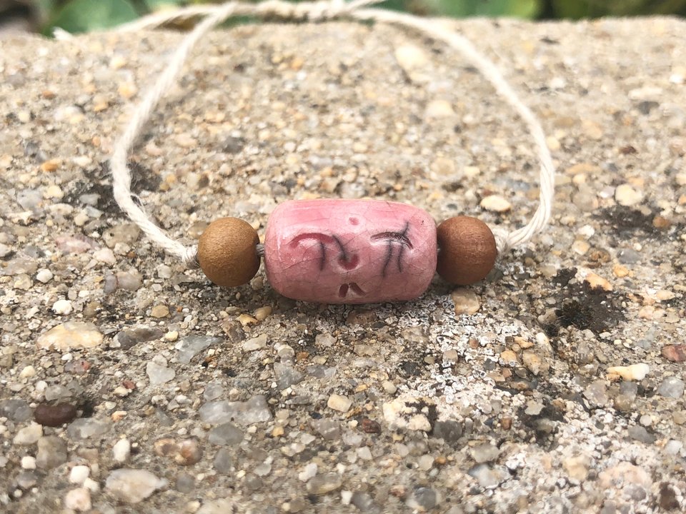 Jizo pink bead raku talisman bracelet with sandalwood and adjustable eco hemp | Shinto jewellery, protection, grief, loss, bereavement gift