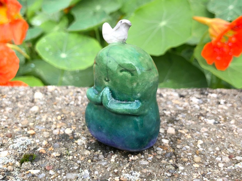 Happy Jizo peace hug with bird 3 | Buddha raku ceramic Shinto kamidana shrine statue | protection, anxiety, grief, self-love