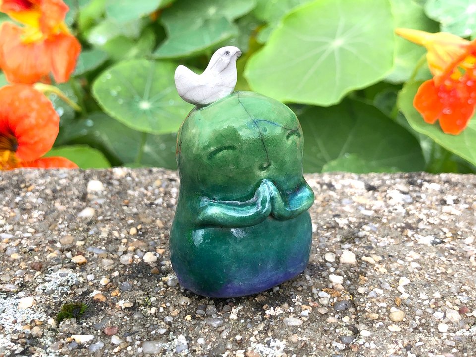 Happy Jizo peace hug with bird 3 | Buddha raku ceramic Shinto kamidana shrine statue | protection, anxiety, grief, self-love