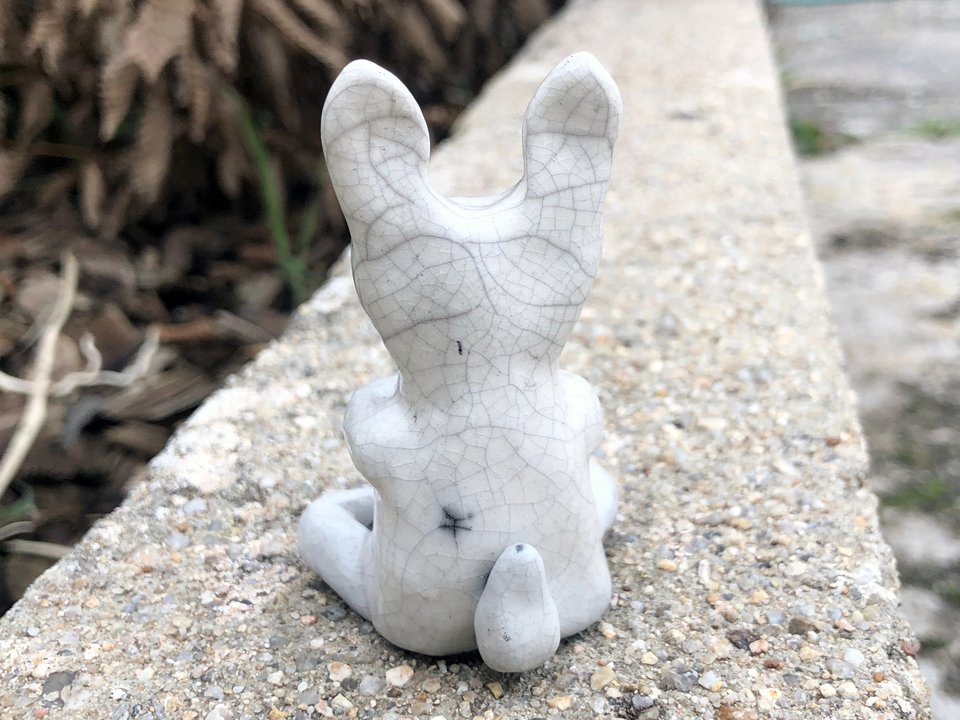 Hare goddess kami spirit raku statue | Shinto kamidana shrine, pagan altar, shamanism | usagi totem, fertility, rabbit sculpture