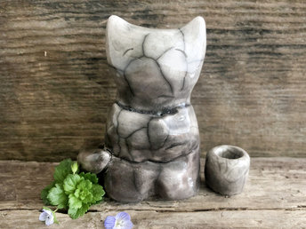 Hugging kitsune fox kami nature spirit raku sculpture | Shinto shamanism guardian