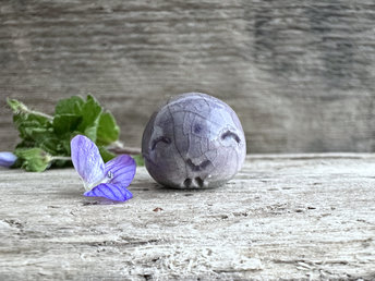 Pocket-sized very tiny Jizo ceramic raku Shinto statue sculpture glazed in soft violet.