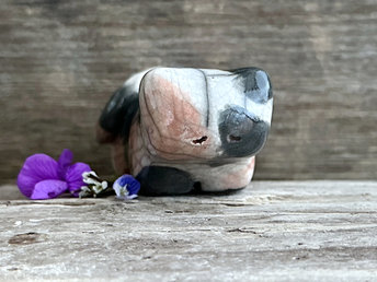 Little raku ceramic cat spirit kami sculpture glazed in a calico pattern (orange, grey, and white) and with a kind, gentle face.