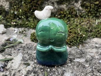 Shinto Jizo nature spirit guardian ceramic statue glazed in blue and green with a happy, smiley face and a sweet white bird on his head. Lovely for a kamidana shrine.
