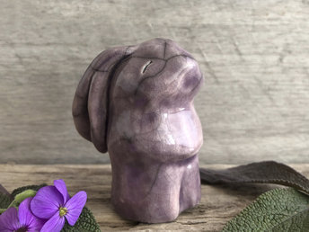 Ceramic raku sculpture of a hare or usagi rabbit kami nature spirit. This one is glazed in soft purple and is a lovely guardian animal totem or guide for Shinto, shamanism, or pagan.