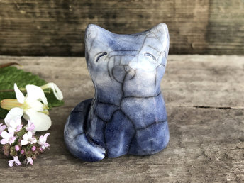 A sweet and joyful Shinto Inari moon-gazing kitsune fox kami spirit ceramic raku statue glazed in shades of blue