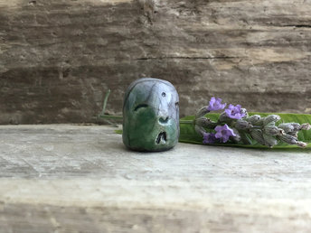 Pocket-sized tiny Jizo ceramic raku Shinto statue sculpture glazed in green and blue. Very smiley, happy, and loving for a shrine or kamidana.