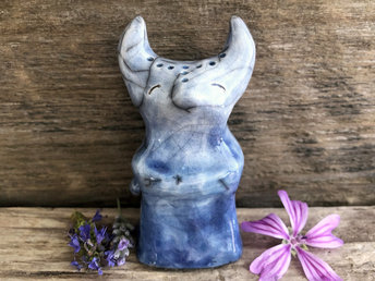 Moon fox kitsune shaman kami spirit raku sculpture | Shinto kamidana shrine statue Inari Okami | shamanism, protection, guardian, rewilding