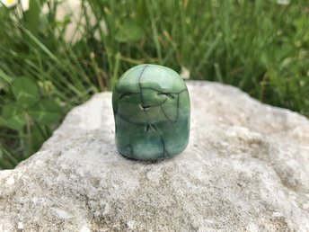 Ceramic raku sculpture of a magical kodama forest and tree nature spirit kami glazed in green. This statue is of an ancient elemental being, lovely for Shinto shrine, shamanism, rewilding, earth healing.