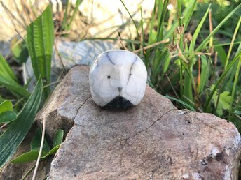 Raku ceramic little owl or owlet kami nature spirit statue glazed in white and grey-brown. Sweet guardian sculpture for Shinto kamidana shrine, shamanism, pagan, rewilding. 