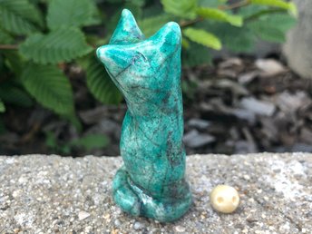 Raku ceramic Shinto Inari kitsune fox kami sculpture glazed in copper-turquoise. It stands tall and has a little round pale yellow star-elemental friend with it. Lovely for Shinto, shamamism, or rewilding.