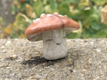 Sweet raku ceramic fly agaric mushroom sculpture. Lovely statue for pagan, shamanism, Shinto, nature table, seasonal celebrations. A smiley red and white fairy-ring mushroom!