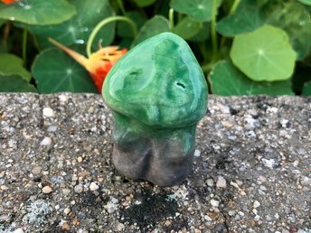 Raku ceramic sculpture of a tree spirit kami glazed in green and brown. It is shaped like a tree and has a kind, gentle face and little limbs. Lovely for Shinto or shamanism.