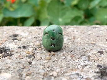 Pocket-sized tiny Jizo ceramic raku Shinto statue sculpture glazed in green. Very smiley and loving for kamidana shrine.