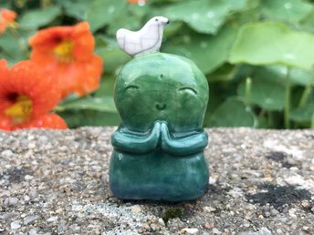 Shinto Jizo nature spirit guardian ceramic statue glazed in blue and green with a happy, smiley face and a sweet white bird on his head. Lovely for a kamidana shrine.