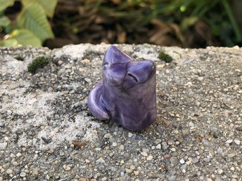 Small raku ceramic Shinto Inari kitsune kami fox sculpture glazed in violet. A friendly animal guide totem for a kamidana shrine or shamanism. 