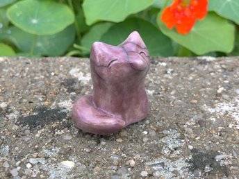 Raku ceramic sweet and joyful Shinto Inari kitsune fox kami spirit sculpture glazed in lilac. Lovely statue for kamidana shrine or shamanism.