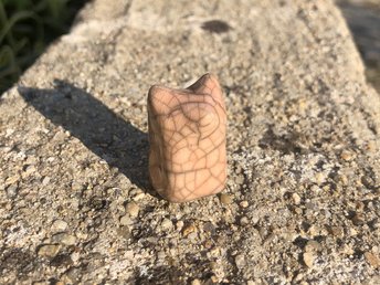 Raku ceramic pocket-sized Shinto Inari kitsune fox kami spirit ceramic raku statue glazed in pale orange. Sculpture for Shinto shrine, shamanism, rewilding. Inari is believed to help with protection, fertility, healing.