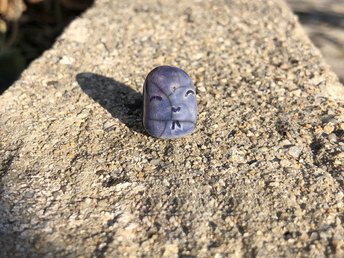 Pocket-sized tiny Jizo ceramic raku Shinto statue sculpture glazed in soft blue and red. Very smiley, happy, and loving for a shrine or kamidana.