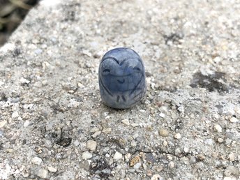Pocket-sized Jizo ceramic raku Shinto statue sculpture glazed in blue with a heart face. Very smiley, happy, and loving for a shrine or kamidana.