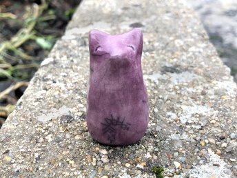 A sweet Shinto Inari kitsune fox kami spirit ceramic raku palm talisman statue glazed in purple. Wonderful for a Shinto shrine, shamanism, pagan altar, rewilding. Inari is believed to help with protection, fertility, healing.