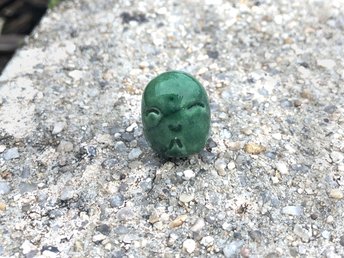 Pocket-sized tiny Jizo ceramic raku Shinto statue sculpture glazed in forest green. Very smiley, happy, and loving for a shrine or kamidana.