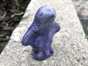 Raku ceramic bird kami sculpture glazed in blue with white textured details. Lovely nature spirit guardian for Shinto shrine, shamanism, pagan, rewilding. 