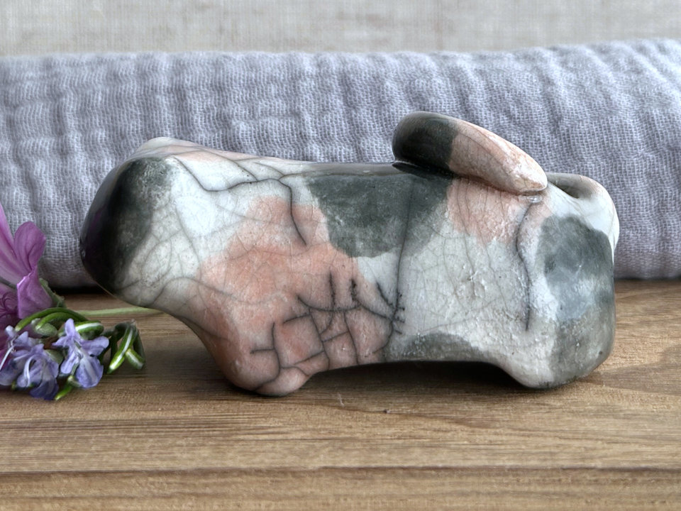 Quiet and tired calico cat kami sculpture | nature spirit guardian figure, Shinto, shamanism
