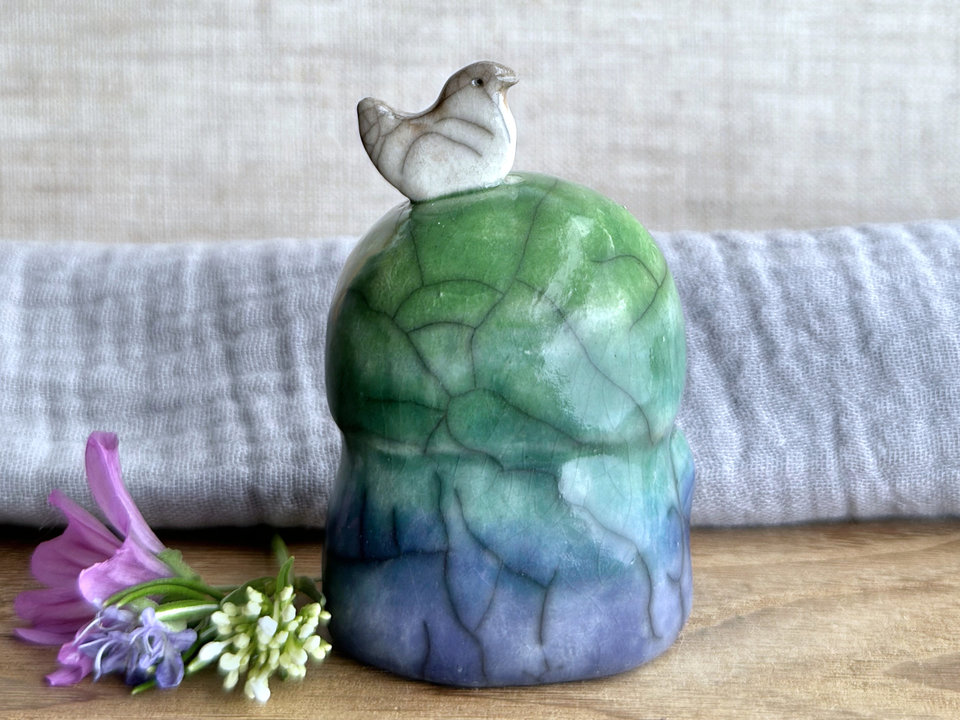 Happy peace Jizo with bird friend sculpture | raku shamanism totem, Shinto shrine
