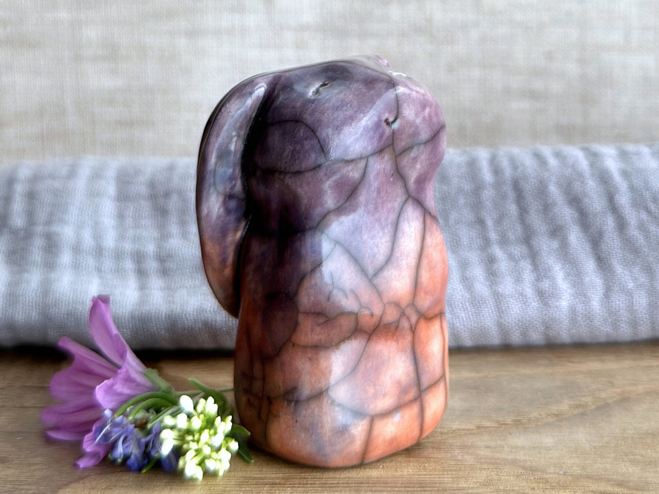 Happy autumn rabbit kami spirit guardian sculpture | Shinto shamanism raku bunny
