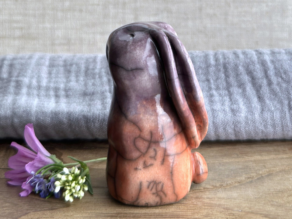 Happy autumn rabbit kami spirit guardian sculpture | Shinto shamanism raku bunny