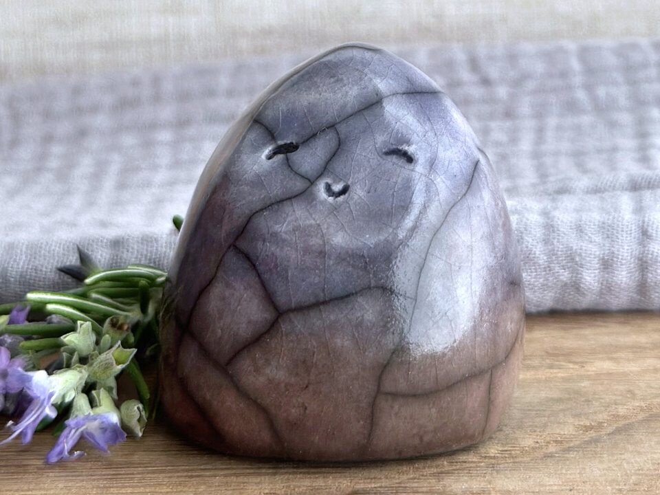 Quiet winter gnome spirit raku sculpture | Shinto shrine, shamanism guardian