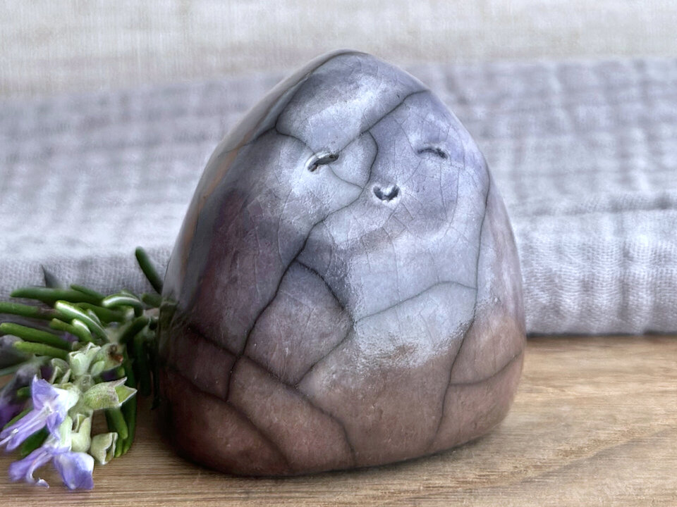 Quiet winter gnome spirit raku sculpture | Shinto shrine, shamanism guardian
